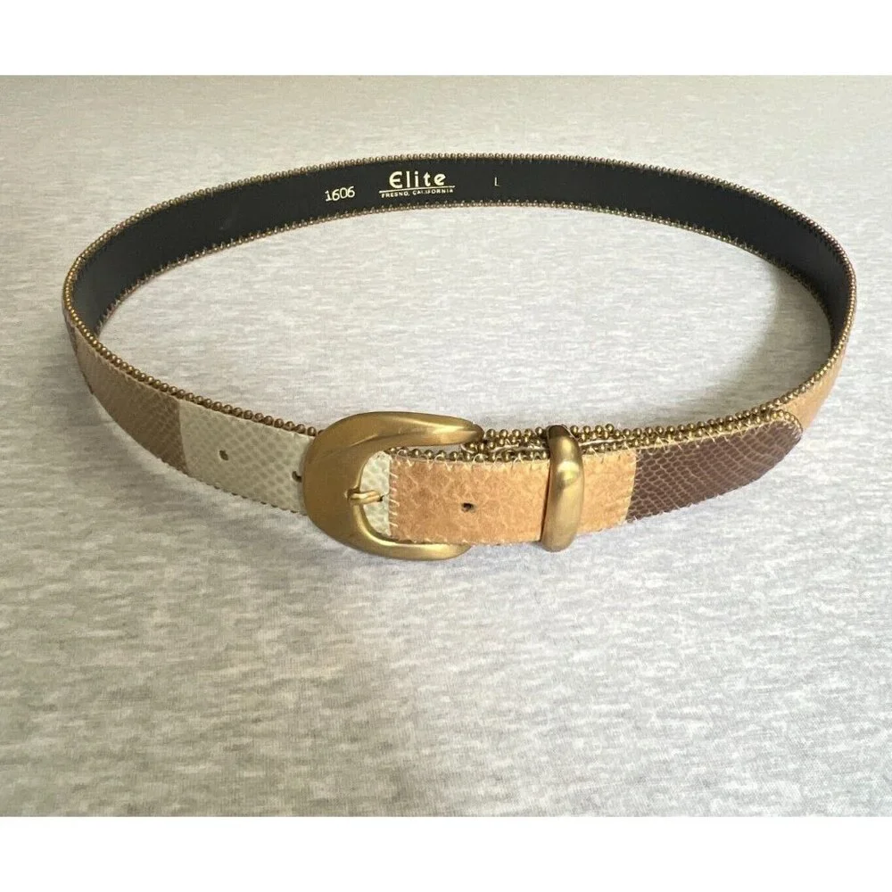 Elite Womens Belt Large Tan Patchwork Metallic Snake Reptile Textured Leather 1